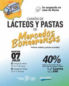 El camión de lácteos y pastas de Mercados Bonaerenses llega a Alsina y Portela